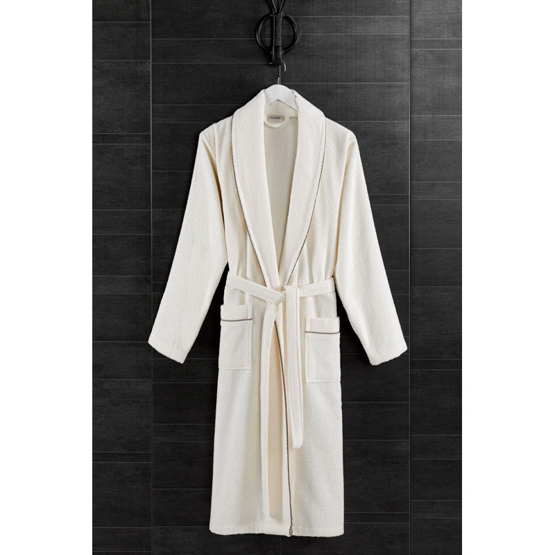 Peignoir 100% coton mi-mollet avec poches, P / M, Écru