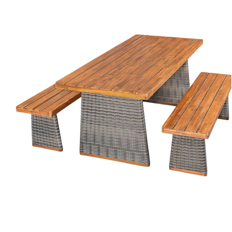 Outdoor 3 Piece Acacia Wood Dining Set with Handwoven Rattan Legs,Brown, Gray/Teak
