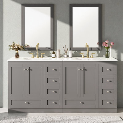 Meuble-lavabo gris 72 po avec lavabo en céramique, portes et tiroirs à fermeture douce, rangement 4 portes et 8 tiroirs