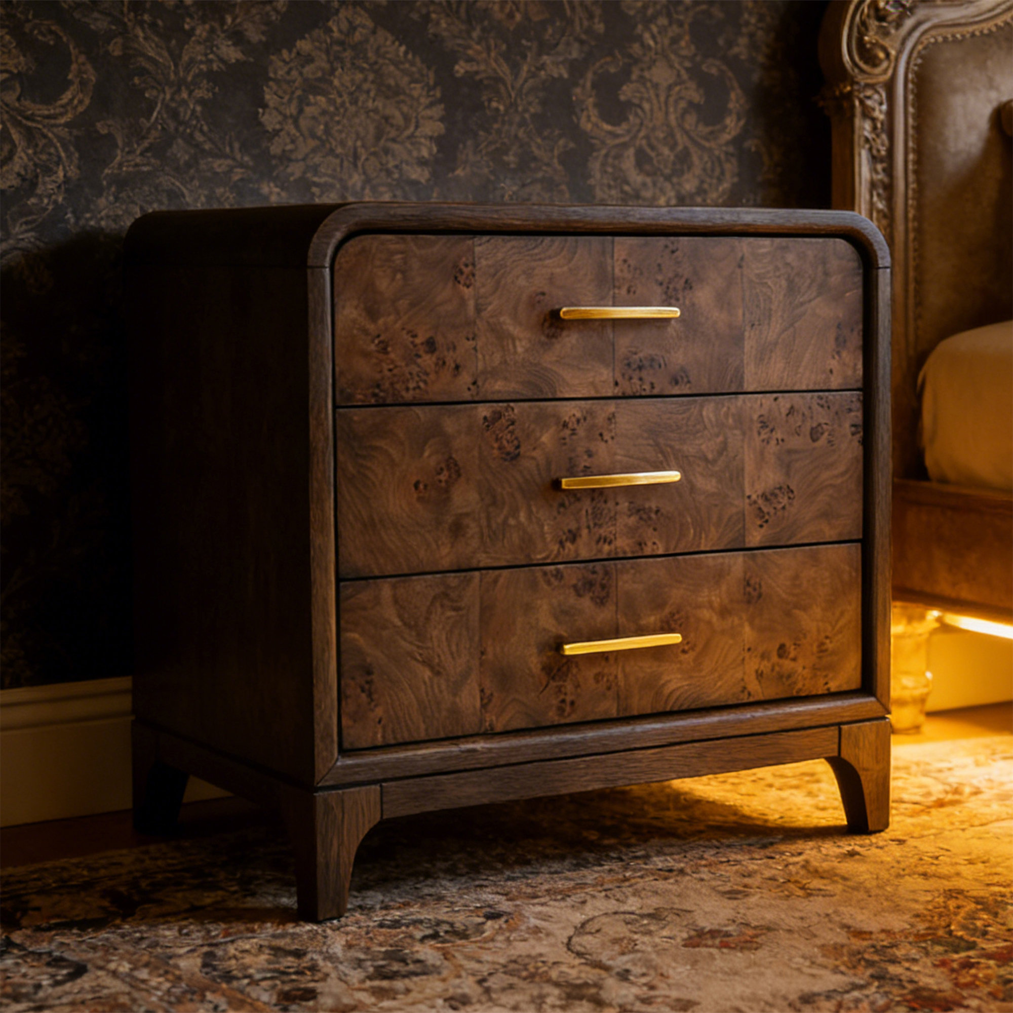 Adden Burl Wood 3-Drawer Nightstand, Coffee