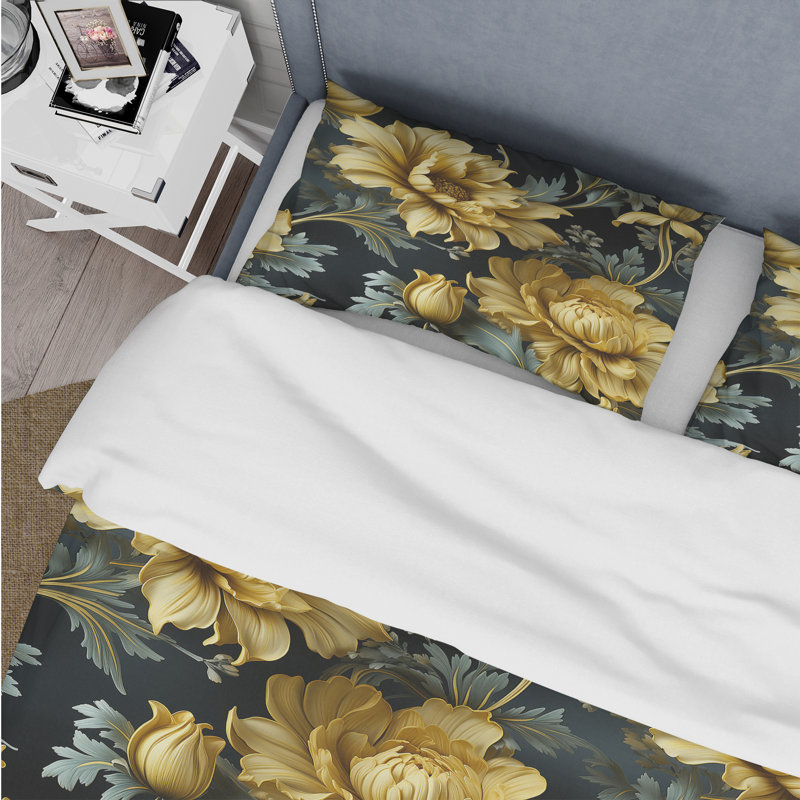 Ensemble de housse de couette Dark Blue And Yellow Damask Realm - Damask, Housse de couette pour très grand lit et 2 très