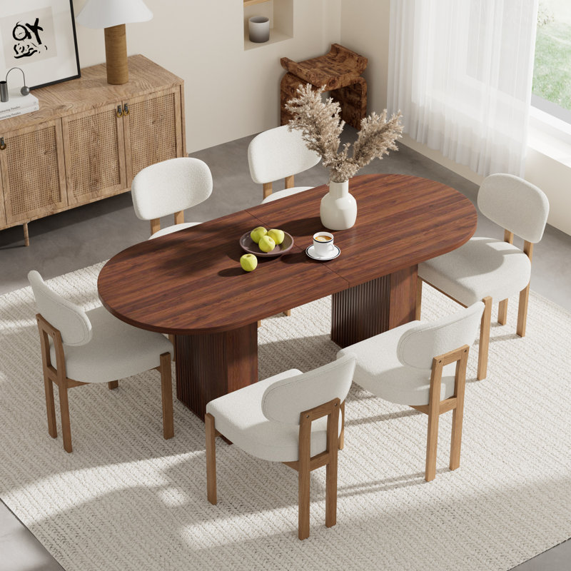 Ensemble de table de cuisine ovale à double piédestal, 7 pièces: table, 6 chaises, Beige, Noyer