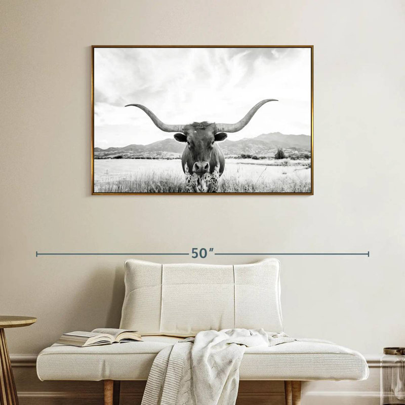 Longhorn Texas BW, Cadre flottant doré, 40 po x 27 po