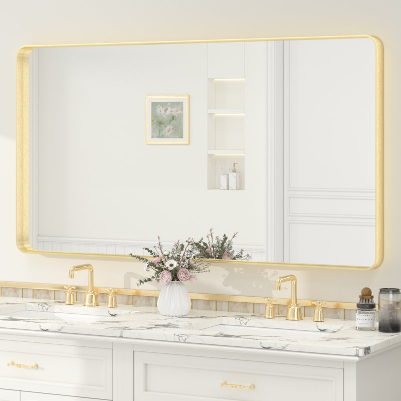 Miroir de salle de bain mural en verre trempé et métal Molly, 55 po x 30 po, Doré, Rectangle(Rounded Corner)