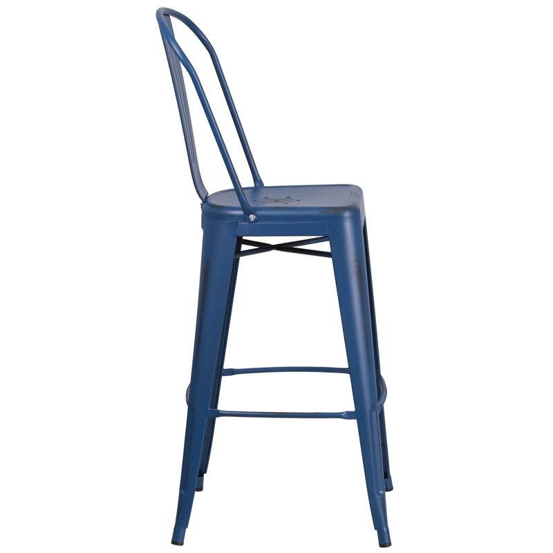 Commercial Grade Distressed Metal Indoor-Outdoor Counter Height Stool with Back, Antique Blue, Bar Stool (30" Seat Height)