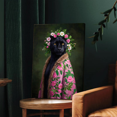 1PC Wall Arts Posters Framed,  Elegant Black Panther with Floral Crown and Pink Floral Shawl Canvas Wall Art, Whimsical Animal Portrait for Home Decor, Unique Modern Fantasy Artwork for Living Room Bedroom Office Decoration