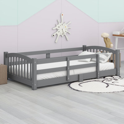 Montessori Wood Floor Bed with Safety Fence & Slats