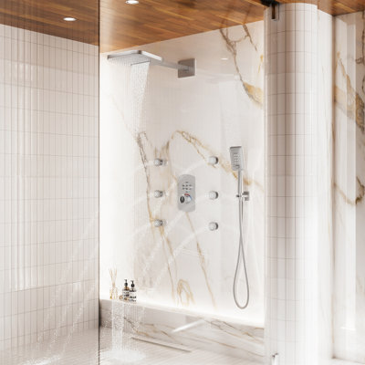 4-Function Wall Mounted Thermostatic Complete Shower System with 6 Body Jets and Rough-in Valve