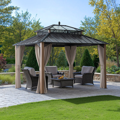 Pavillon de jardin à toit rigide en acier et toit rigide pour PC 12 x 10 pi avec rideau et filet SUNJoy Kingston - Poteaux en aluminium