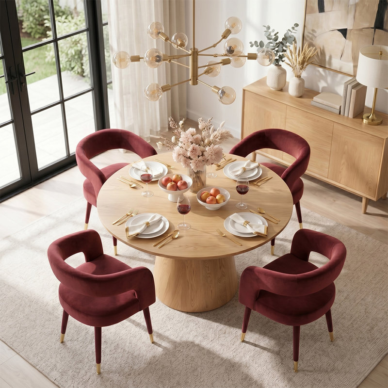 Ensemble de salle à manger moderne 46 po avec 4 fauteuils demi-tonneau en chenille, Oak, Bourgogne