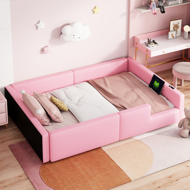 Pink Upholstered Twin Bed With Guardrail And Charging Station - Elegant Design, Functional Size Platform Full Length Wood Construction