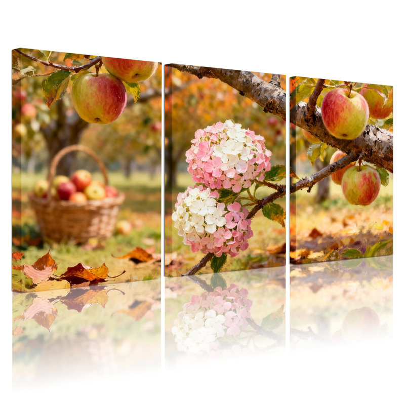 Tableau sur toile tendue représentant un verger de pommiers et d'hortensias en automne (ensemble de 3), H 36 po x l 72 po
