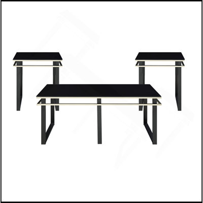 Black Coffee Table And End Tables Set Occasional 3Pc Tables Tempered Glass Top Metal Frame Modern Living Room Furniture