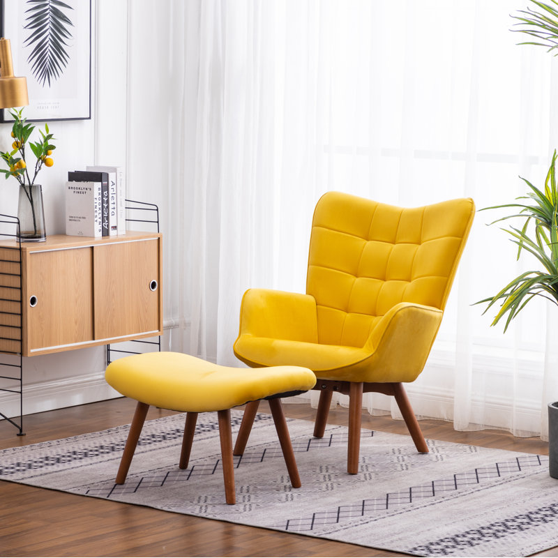 Battistina Velvet Armchair with Ottoman, Yellow