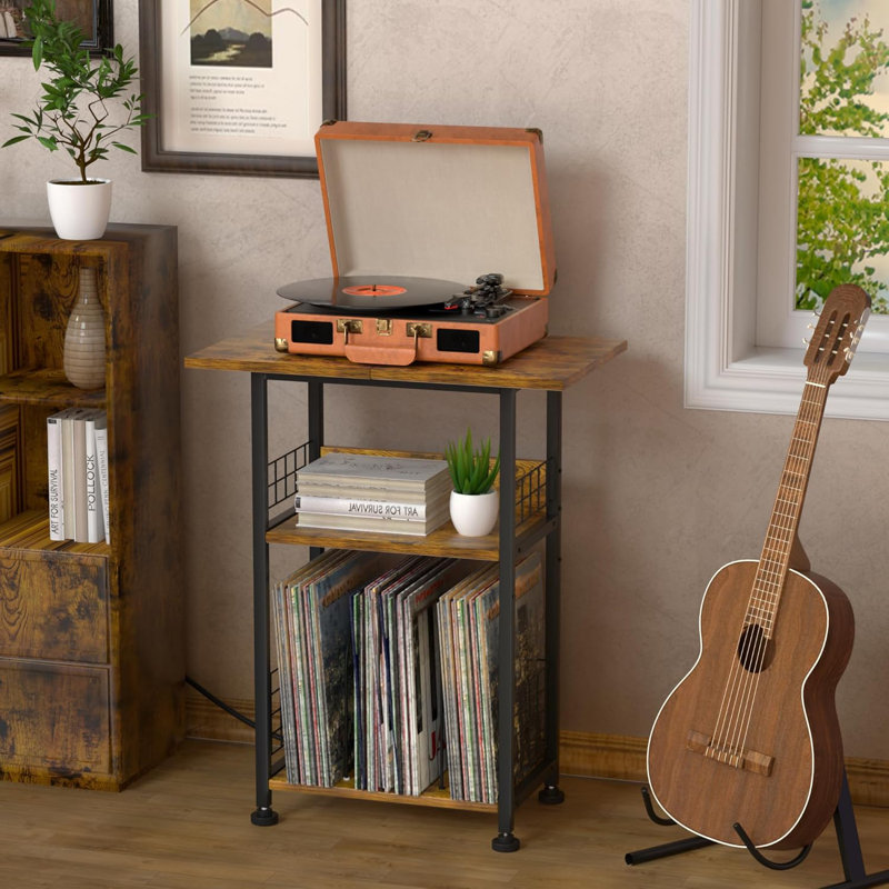 Darrius Rustic Brown Record Player Stand With Vinyl Storage And Charging Station