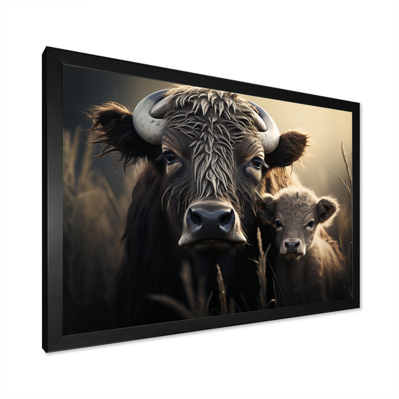 Brown Buffalo Gentle Guardians - Animals Canvas Art Print, H 16 po x l 32 po x P 1 po, Cadre simple noir