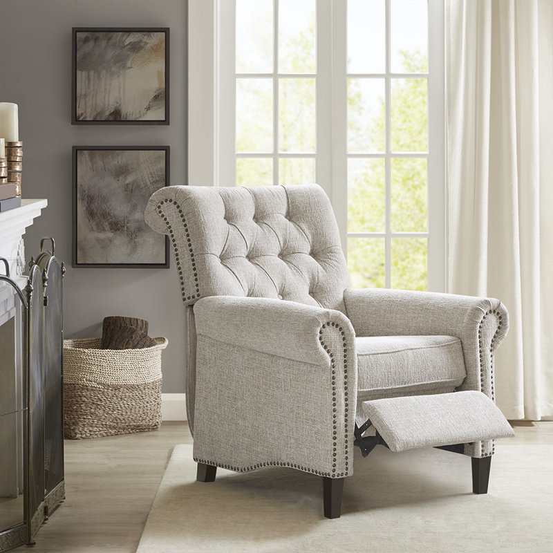 Bridin Upholstered Manual Push Back Recliner Chair with Nailheads, Cream