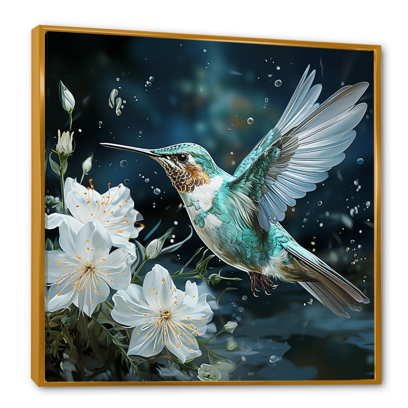 «Green Floral Dancing Hummingbird - Hummingbird Animal», art mural, Cadre flottant doré, H 16 po x l 16 po
