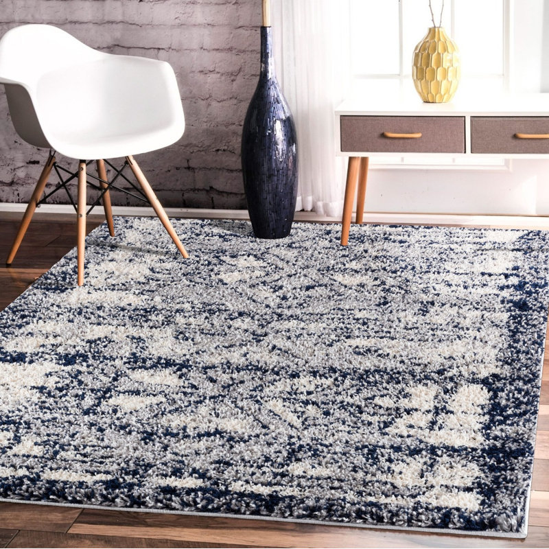 Tapis noir à poil long abstrait Gazella, Rectangle 5 pi x 7 pi
