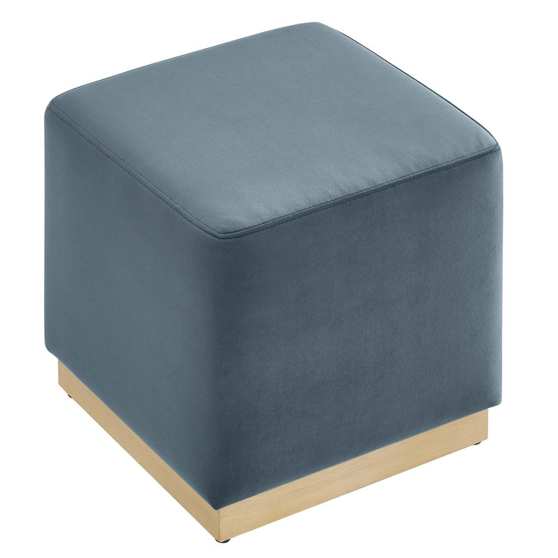 Cadet Blue Velvet Upholstered Ottoman with Rubberwood Base