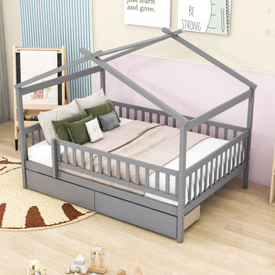 Antwanae Wooden House Bed with Whimsical Sky Roof and Built-in Storage Drawers