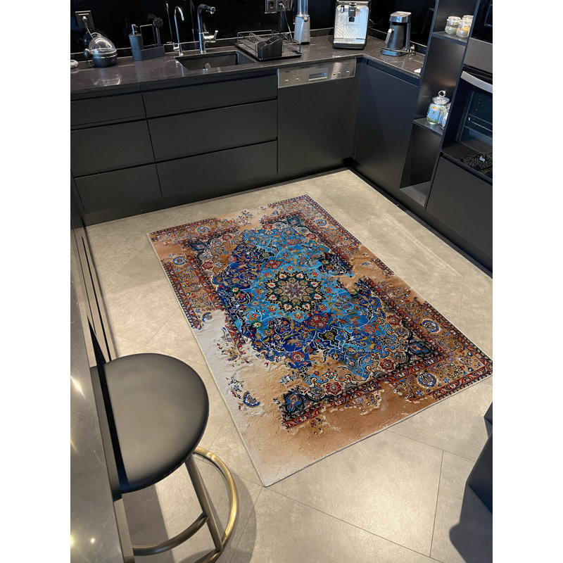 Tapis décoratif moderne à motif abstrait bleu et beige, Rectangle 3 pi 11,24 po x 5 pi 10,87 po