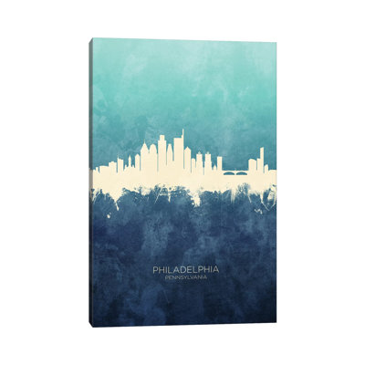 Philadelphia Skyline Navy Cyan by Michael Tompsett - 1 Piece Wrapped Canvas Painting