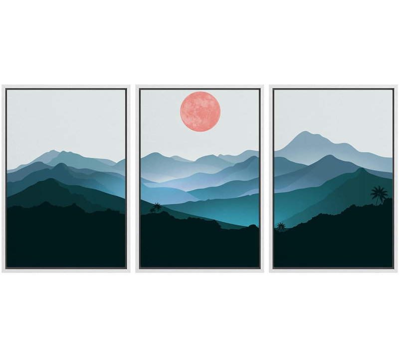 Abstract Mountain " Navy Blue Nordic Style Theme Abstract Sun And Mountains Simple And Minimalist Landscape " 3 - Pieces