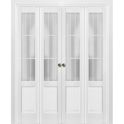 Sliding Closet Double Bi-Fold Doors 72" X 84" (4* 18X84) | Felicia 3309 White Silk With Frosted Glass | Sturdy Tracks Moldings Trims Hardware Set | Wo