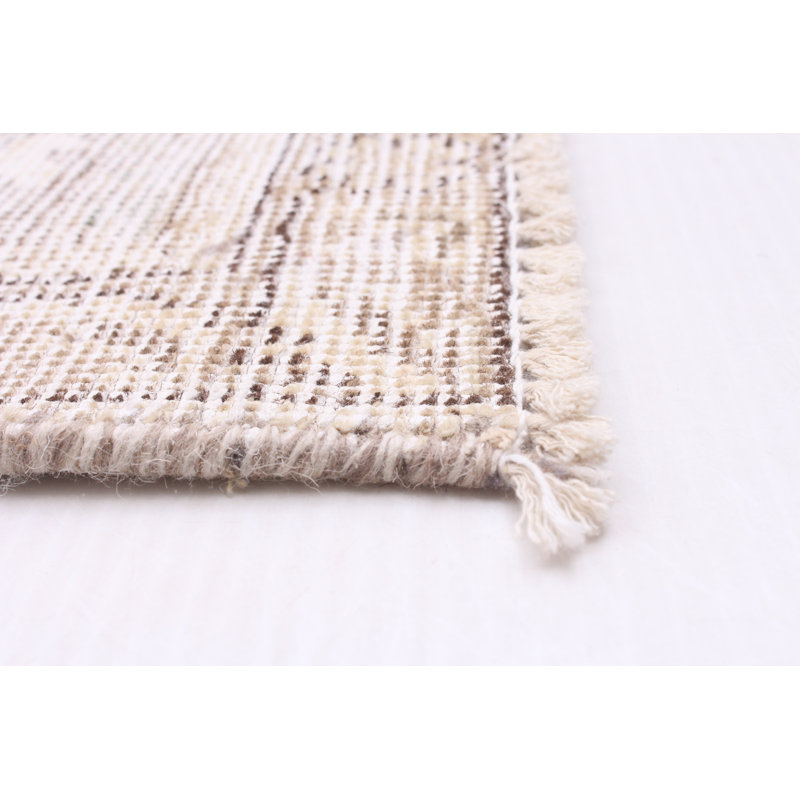 Tapis ivoire en laine noué à la main de conception unique 6 pi 6 po x 9 pi 5 po Yatra