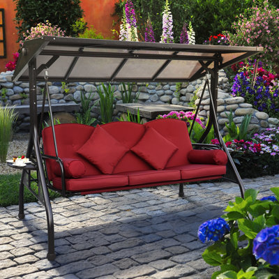 3-Person Outdoor Porch Swing with Hardtop Canopy, Stand, Convertible Backrest, 2 Side Cup Holder, Thickened Cushion, Pillows