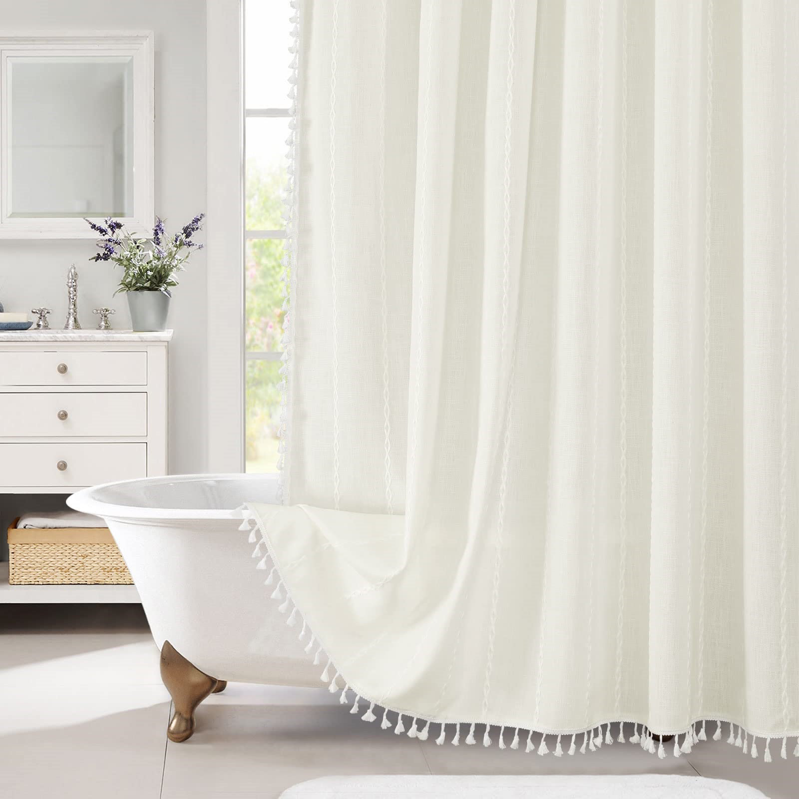 Dakota Fields Ivory Boho Farmhouse Fabric Shower Curtain Set Wayfair