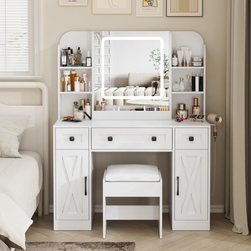Miroir de salle de bain avec lumières et tabouret, Blanc
