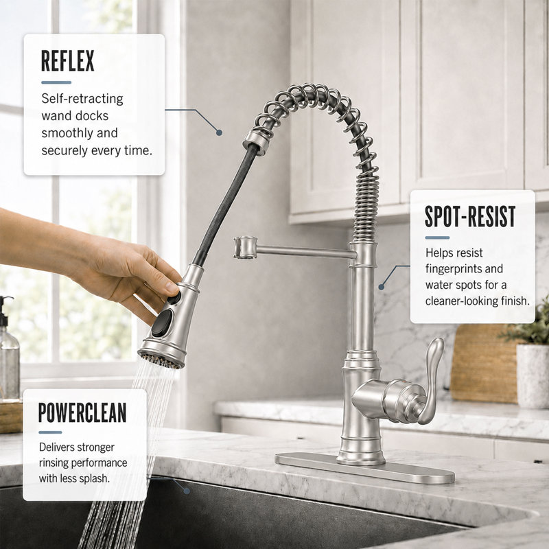  VIBRANTBATH Brushed Nickel Pull Down Kitchen Faucet, Modern Minimalist Single Handle 3-Function Sprayer Kitchen Sink Faucet with Deck Plate