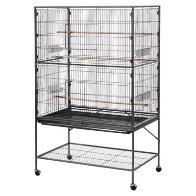 Cage à oiseaux, 93 x 58 x 151 cm, toit plat, volière en fer forgé avec perchoirs, plateau coulissant et mangeoires en plastique, pour calopsitte, canari, perruche moine, perroquet gris du Gabon