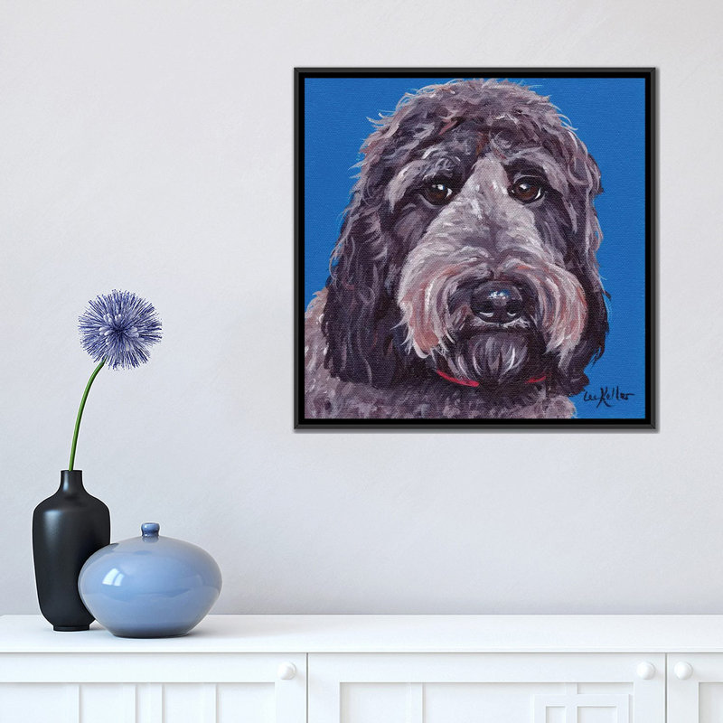 « black labradoodle on blue », impression sur toile, H 18 po x l 18 po x P 1,5 po, Toile avec cadre noir