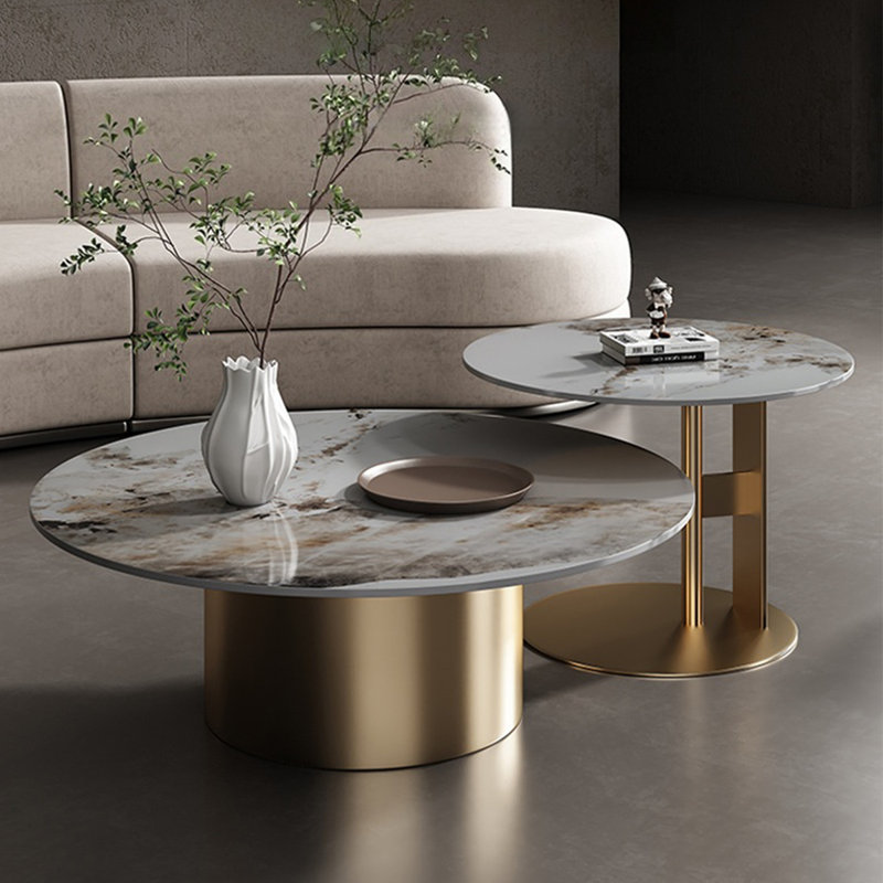 Ensemble de tables basses gigognes en marbre gris, H 18,9 po x l 55,12 po x P 35,43 po, Marbre / or
