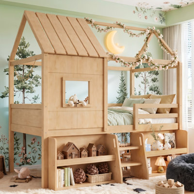 Playhouse Loft Bed with Storage Stairs, Twin Size House Loft Bed with Roof and Window, Solid Wood Kids Bed