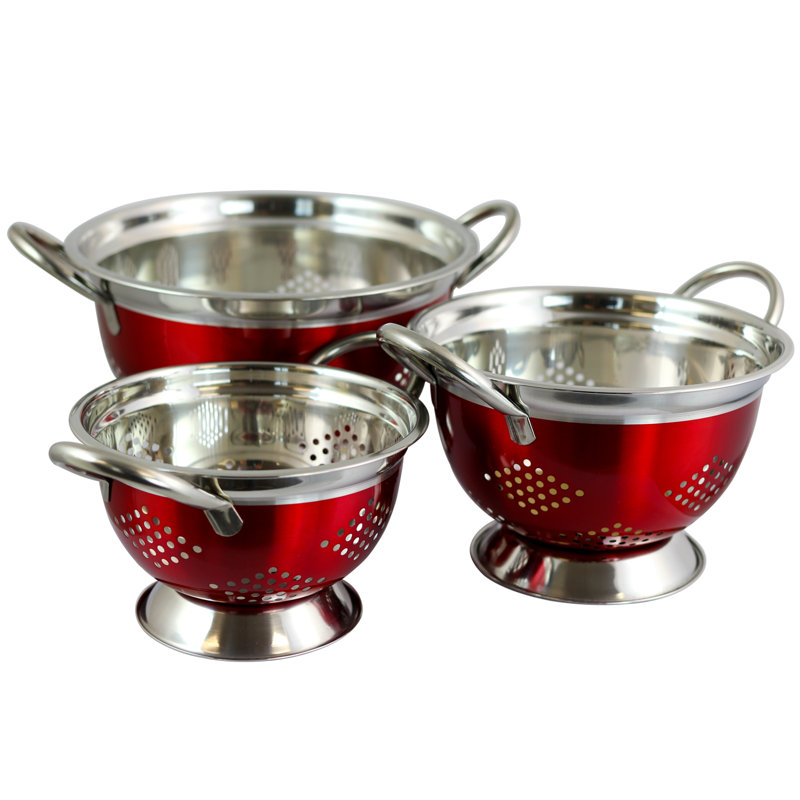 Metallic Red Stainless Steel 3-Piece Colander Set