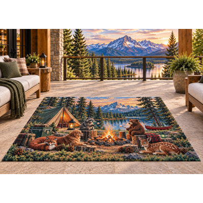 5' x 7' Outdoor Area Rug Woodland Animals Campfire Mountain Heavyweight Solid Waterproof PVC Coil Loop Carpet, Heavy Duty Patio Rug, Quick Dry Indoor Outdoor Mat for Porch Deck Balcony RV Camping