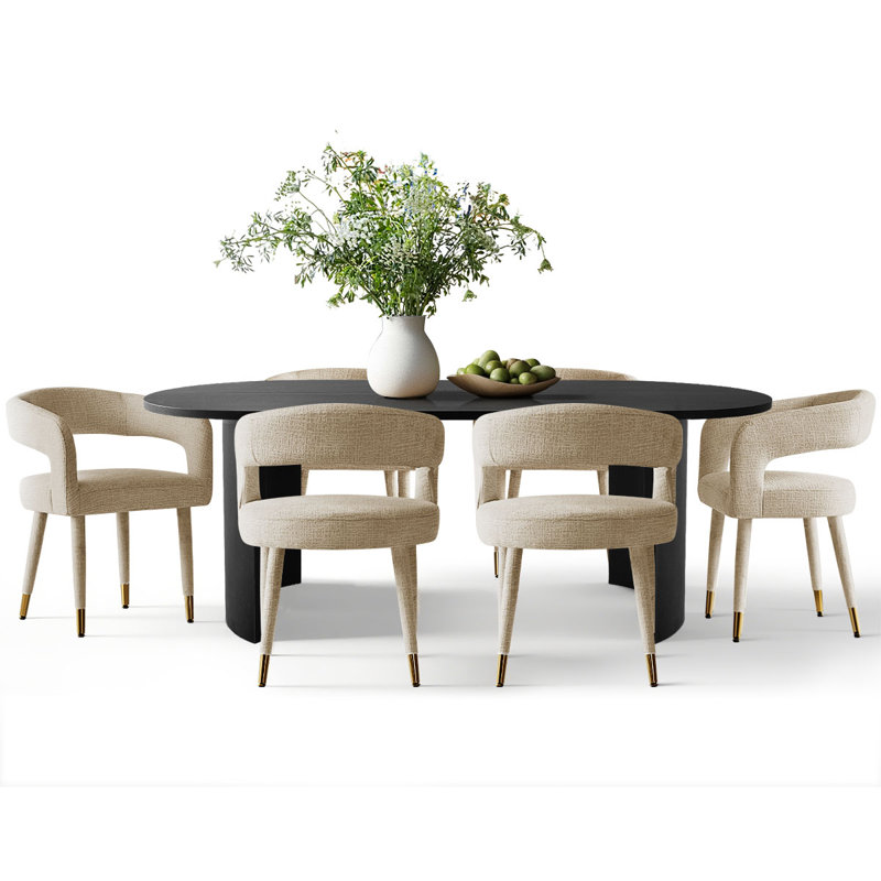 7-Piece Modern Dining Set with 79" Oval Table and Upholstered Chairs, Ivory