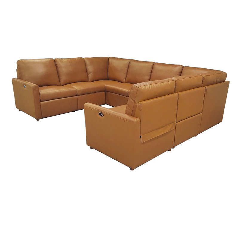 Premium Genuine Leather Match Power Reclining Sectional With Adjustable Footrests & Modern U-shaped Layout, Light Brown
