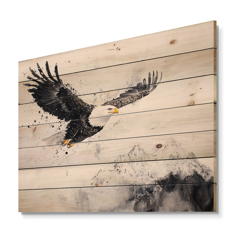 Aigle en vol dans la montagne - Art mural moderne sur bois de pin naturel, H 10 po x l 20 po