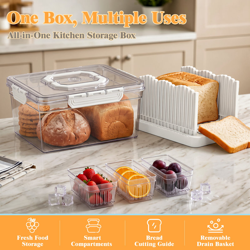 Trancheuse à pain 3 en 1, boîte à lunch et contenant pour aliments glacés avec 3 paniers amovibles, guide à trancher le pain, poignée de transport, boîte de service portable pour les pique-niques et le camping