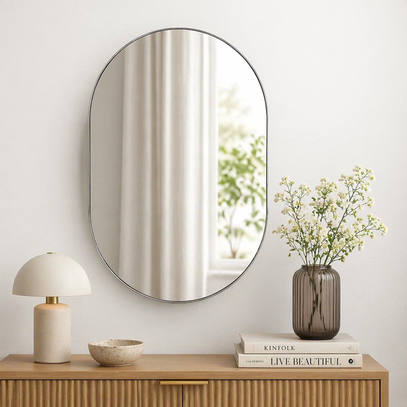Miroir ovale en métal, 20 x 28 po, Argent