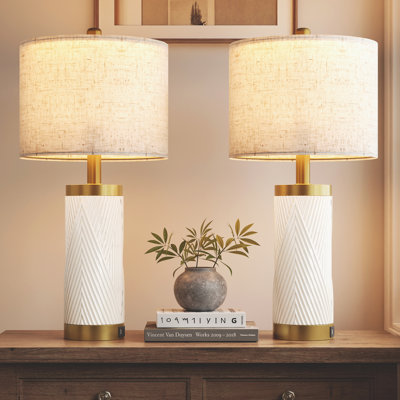 24.5" White Ceramic Table Lamp, Modern Bedside Nightstand Lamp Set for Living Room, USB Ports (Set of 2)
