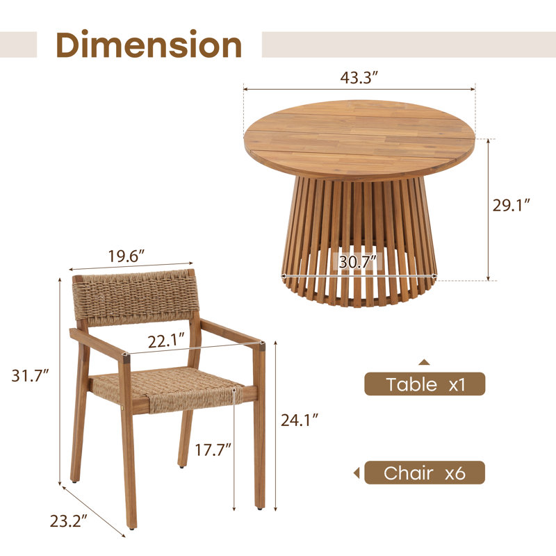 Ensemble de table ronde et de chaise d'extérieur en bois massif pour 6 personnes, Fauteuil