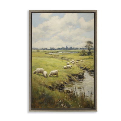 Grazing Sheep Countryside Grey Framed Floater Canvas by Petal Prints Design