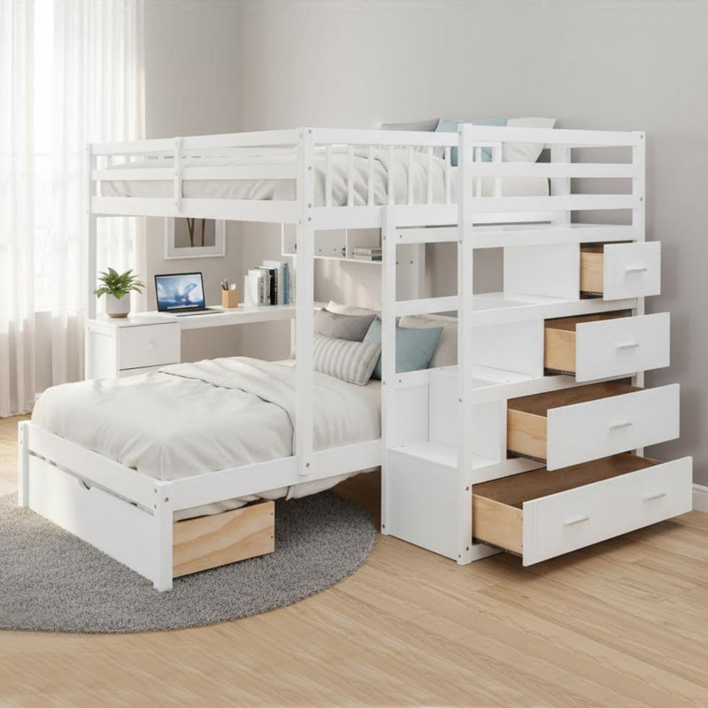 Lit superposé double en bois massif avec bureau, tiroirs et tablettes, Blanc