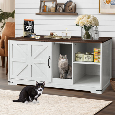 Cat Litter Box Enclosure With Scratching Board and LED Light, Farmhouse Living Room TV Stand With Litter Box, 43.3" W Wooden Hidden Cat Litter Box Enclosure Furniture, White